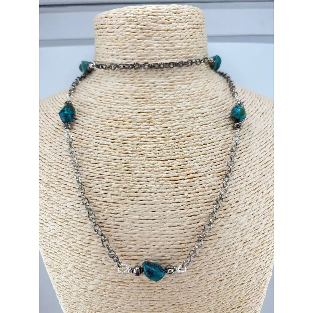 Handcrafted Artisan Made Turquoise Nugget and Oxidized Silver Chain Necklace